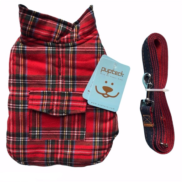 NEW REVERSIBLE Dog Coat XS Plaid Red Black + Red / Denim Leash - Picture 1 of 15